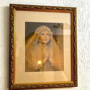 Signed and framed Vintage Art Piece of Catholic Girl Receiving Communion